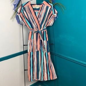 Lost + Wander striped faux wrap midi dress